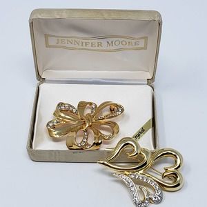 Jennifer Moore Gold Crystal Brooches Ribbon Hearts